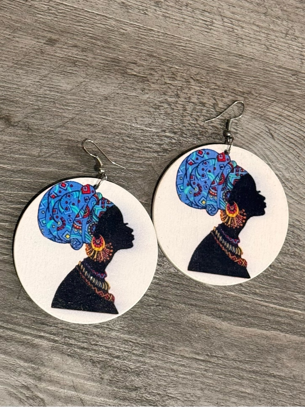 Blue Headwrap Silhouette Wood Drop Earrings